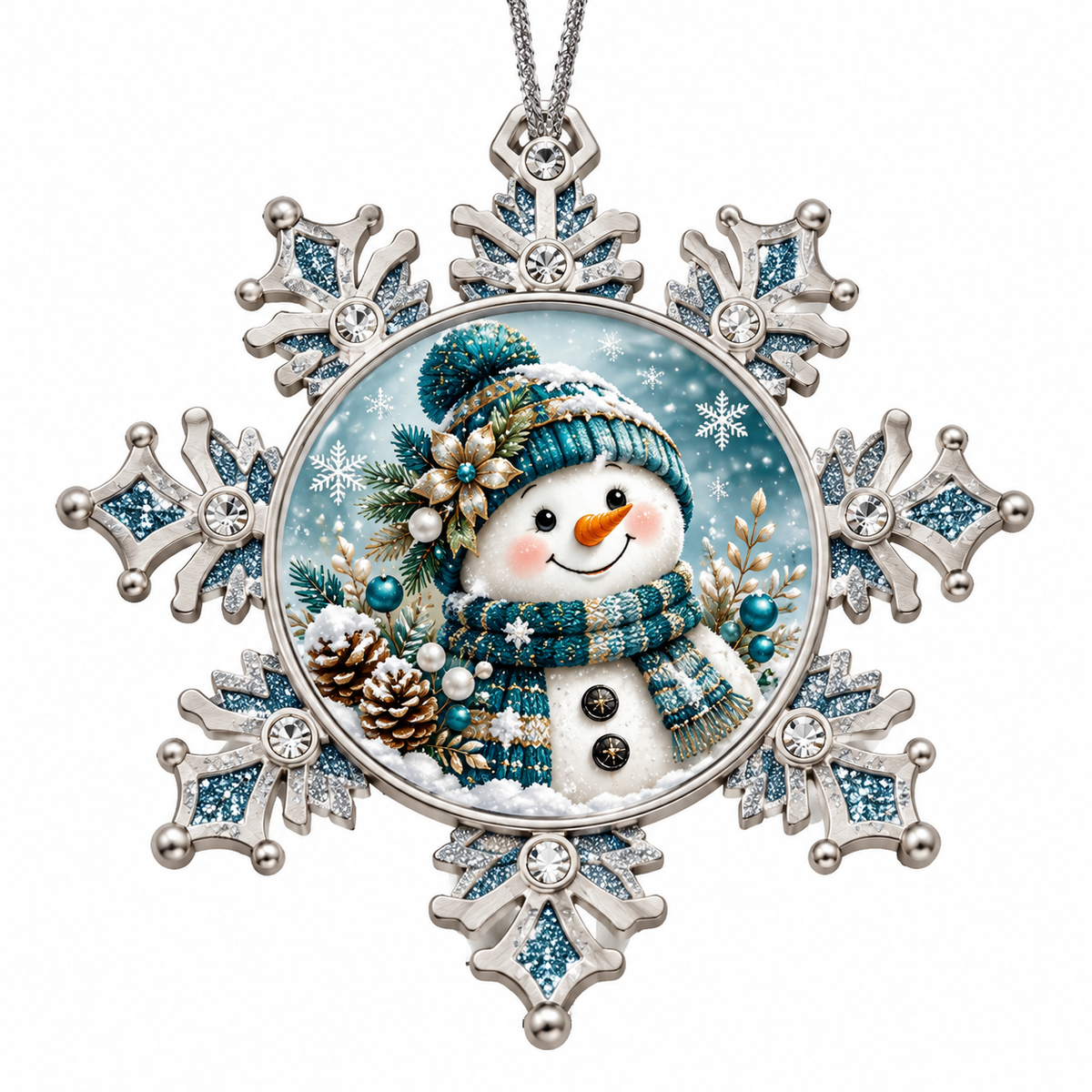 Snowman Pewter Snowflake Ornament | Blue Christmas Decor