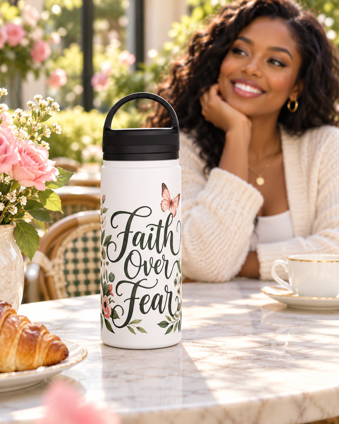 Faith Over Fear Floral Insulated Water Bottle with Handle Lid, Christian Gift