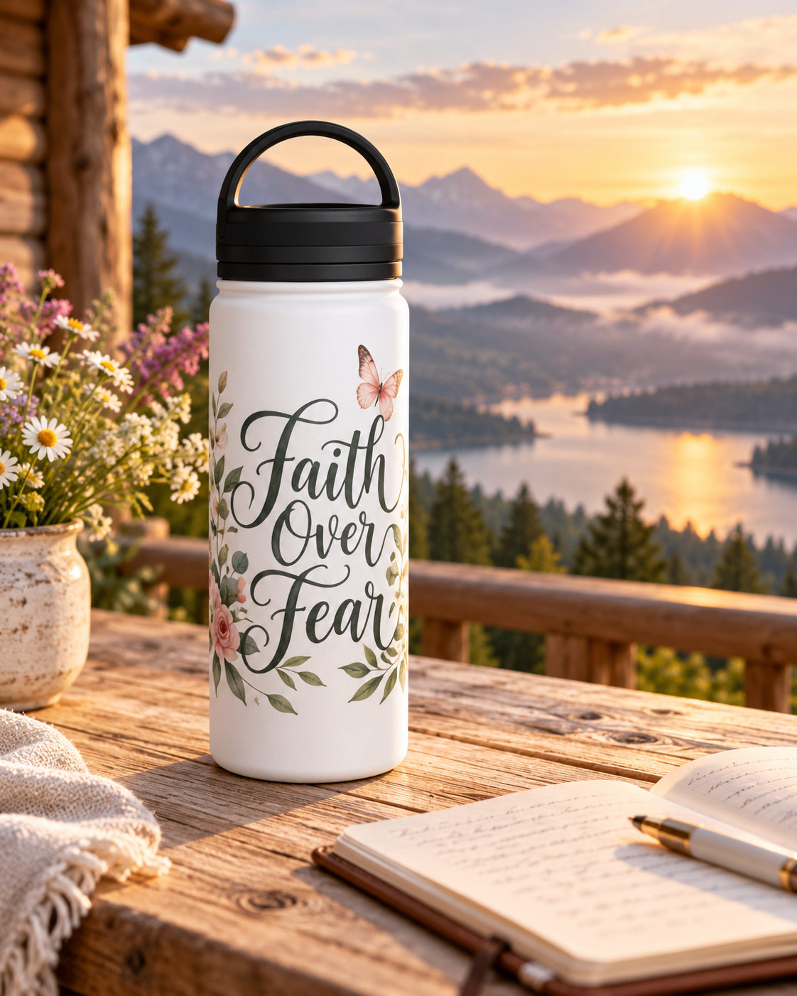 Faith Over Fear Floral Insulated Water Bottle with Handle Lid, Christian Gift