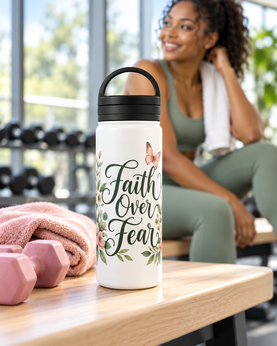 Faith Over Fear Floral Insulated Water Bottle with Handle Lid, Christian Gift