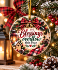 Blessings Overflows This Year ceramic ornament | Christmas wreath lantern pinecone plaid