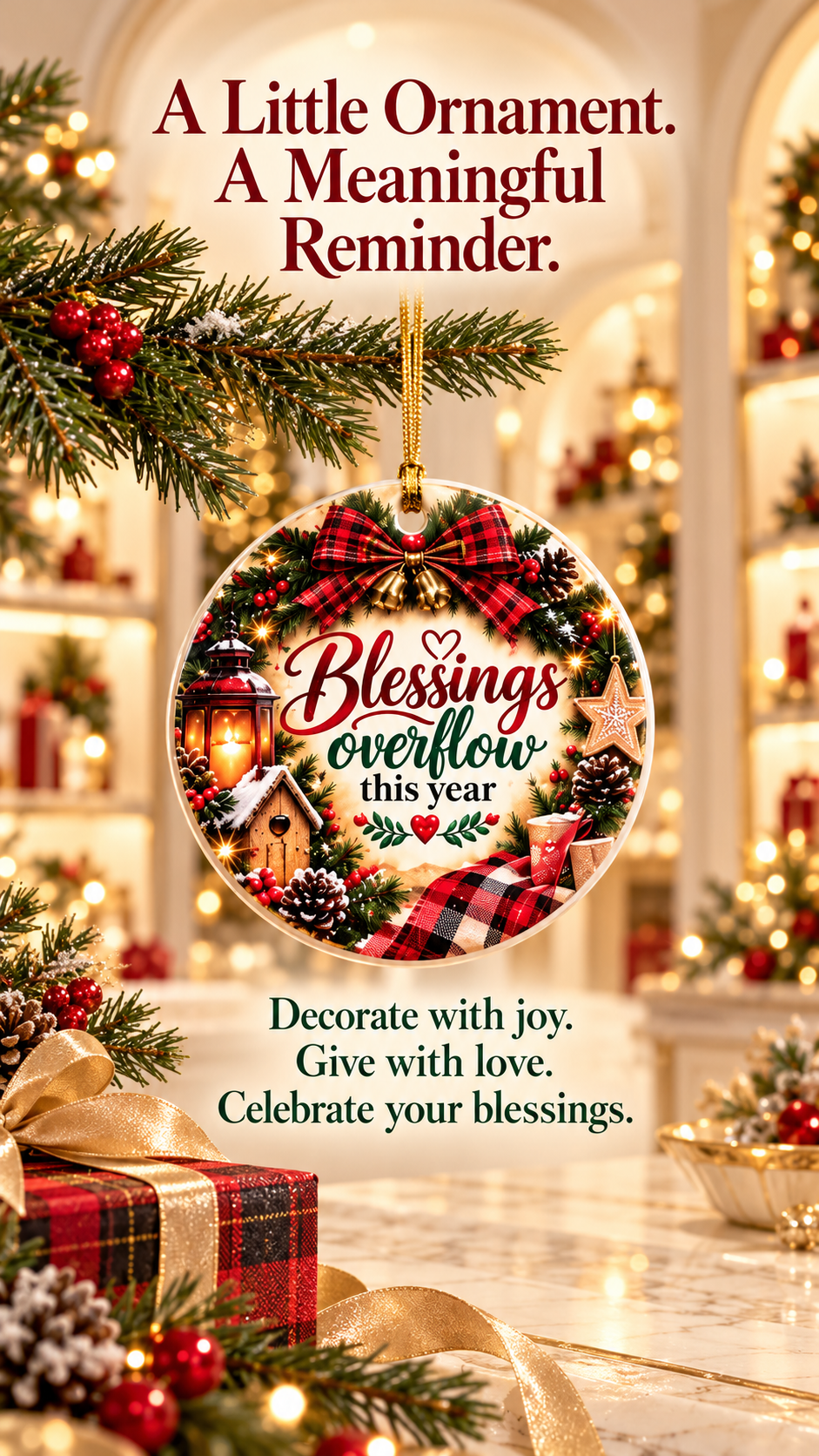 Blessings Overflows This Year ceramic ornament | Christmas wreath lantern pinecone plaid