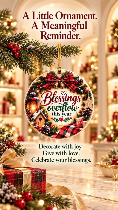 Blessings Overflows This Year ceramic ornament | Christmas wreath lantern pinecone plaid