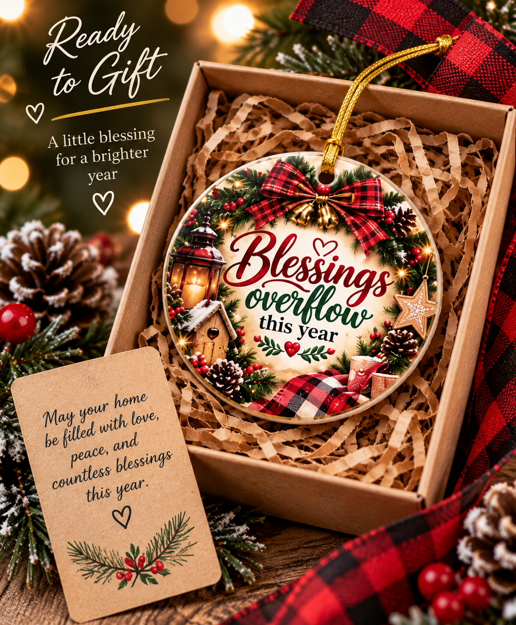 Blessings Overflows This Year ceramic ornament | Christmas wreath lantern pinecone plaid