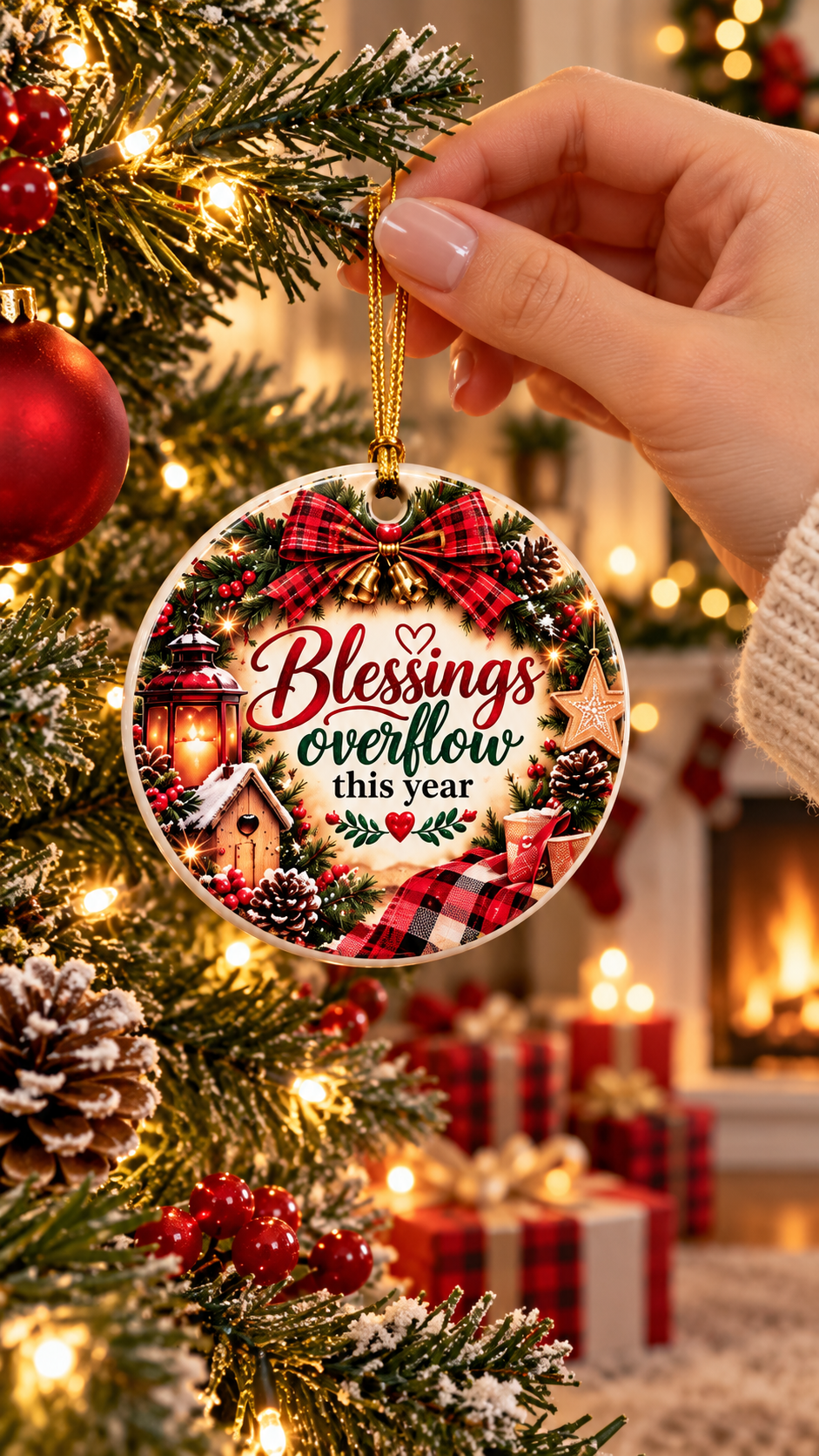 Blessings Overflows This Year ceramic ornament | Christmas wreath lantern pinecone plaid