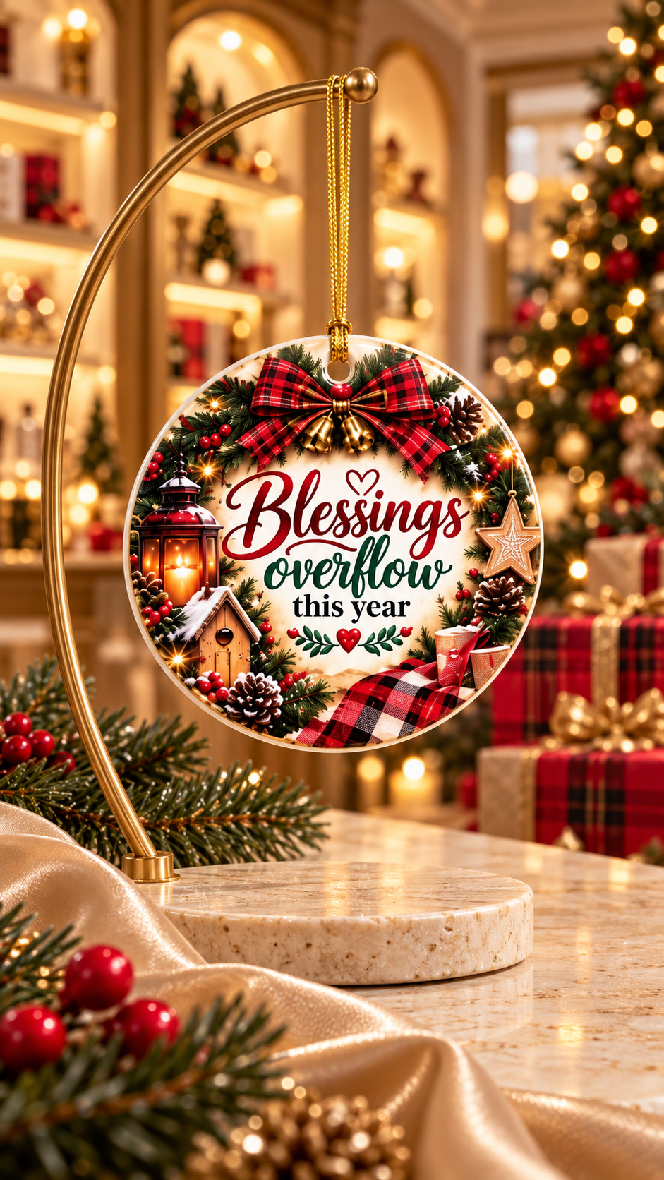 Blessings Overflows This Year ceramic ornament | Christmas wreath lantern pinecone plaid