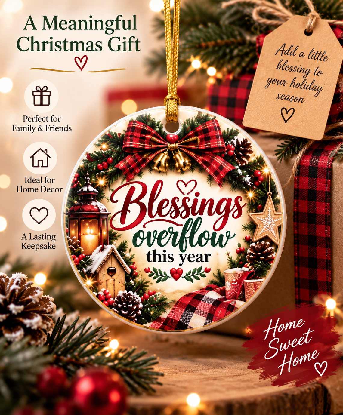 Blessings Overflows This Year ceramic ornament | Christmas wreath lantern pinecone plaid