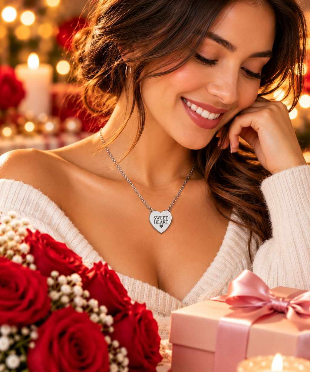 Sweet Heart Engraved Necklace | Romantic Heart Pendant | Stainless Steel Jewelry Gift for Her