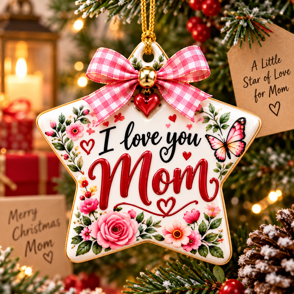 I Love You Mom Ceramic Star Ornament, Floral Keepsake Gift