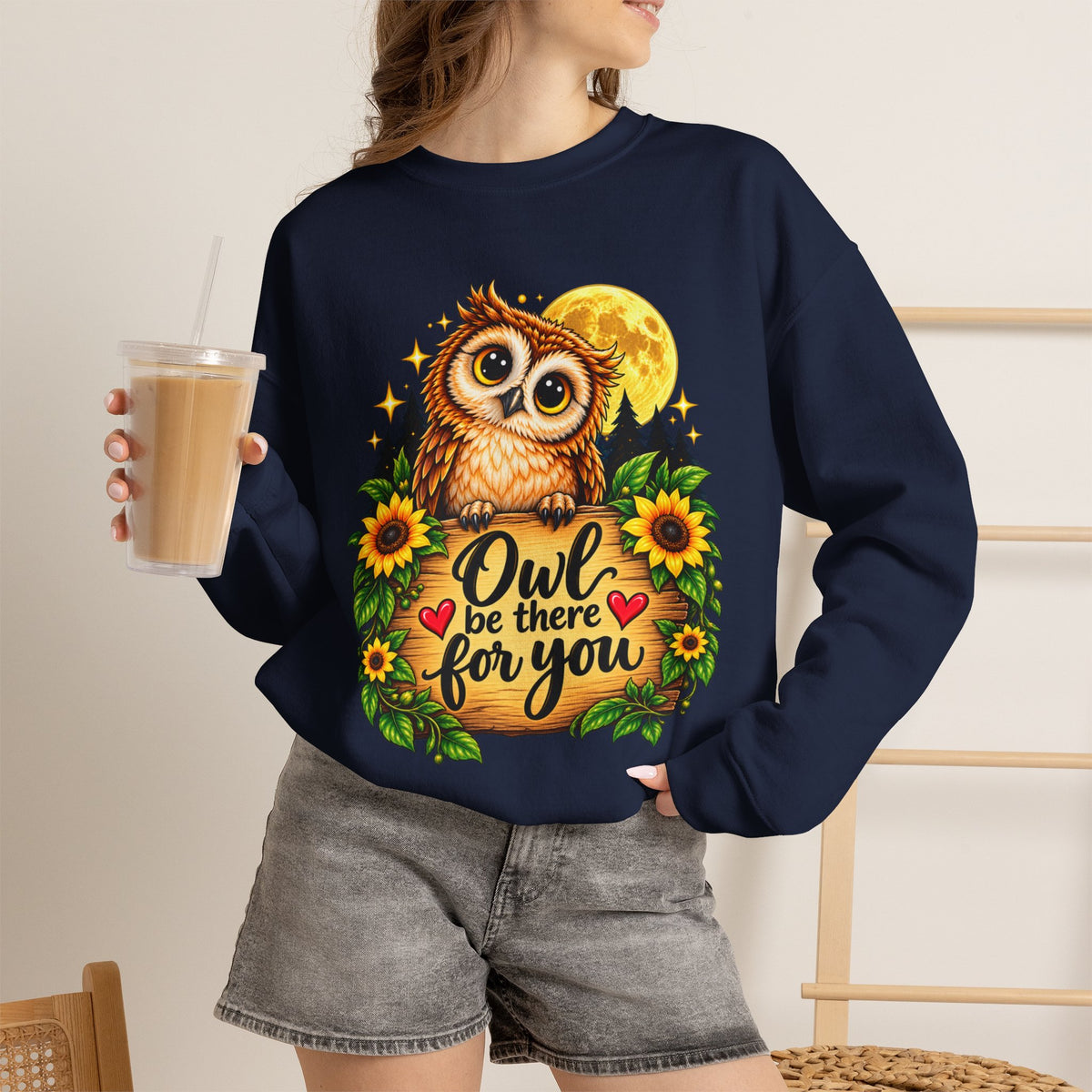 Owl be there for you Sweatshirt | Cute Owl with Sunflowers and Moon