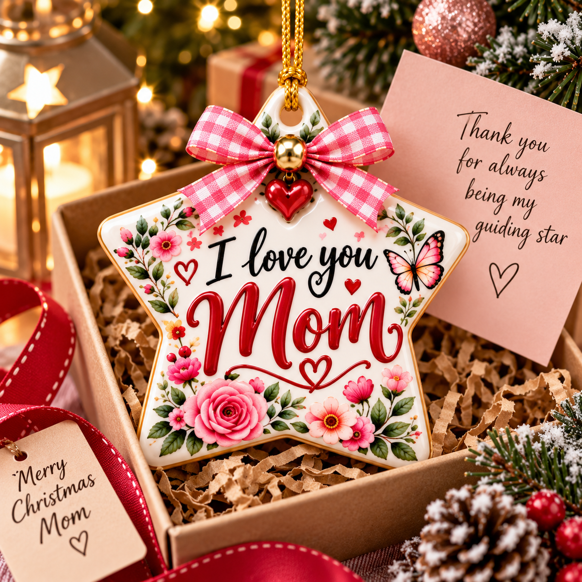 I Love You Mom Ceramic Star Ornament, Floral Keepsake Gift