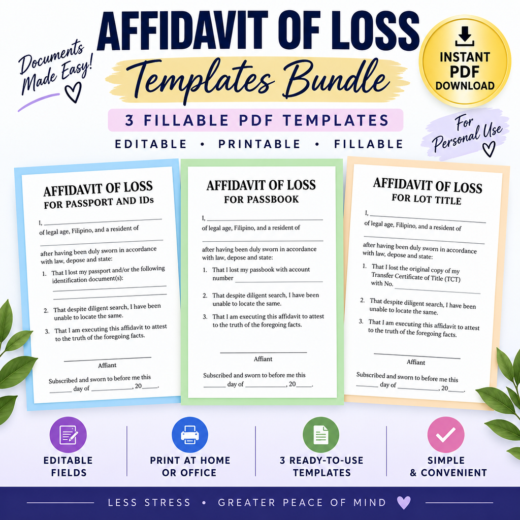 Affidavit of Loss Templates Bundle, Passport ID, Passbook & Lot Title, Fillable PDF