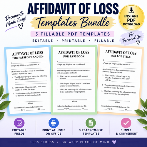 Affidavit of Loss Templates Bundle, Passport ID, Passbook & Lot Title, Fillable PDF