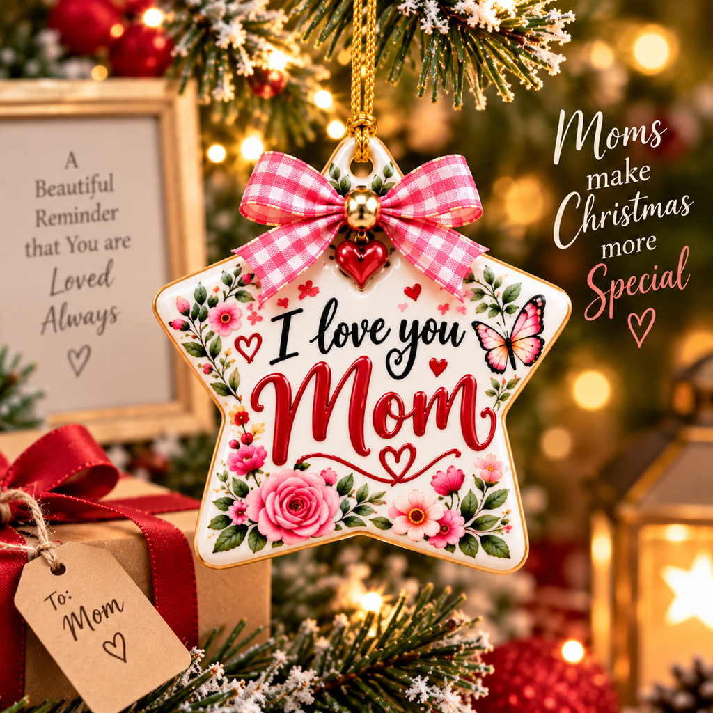 I Love You Mom Ceramic Star Ornament, Floral Keepsake Gift