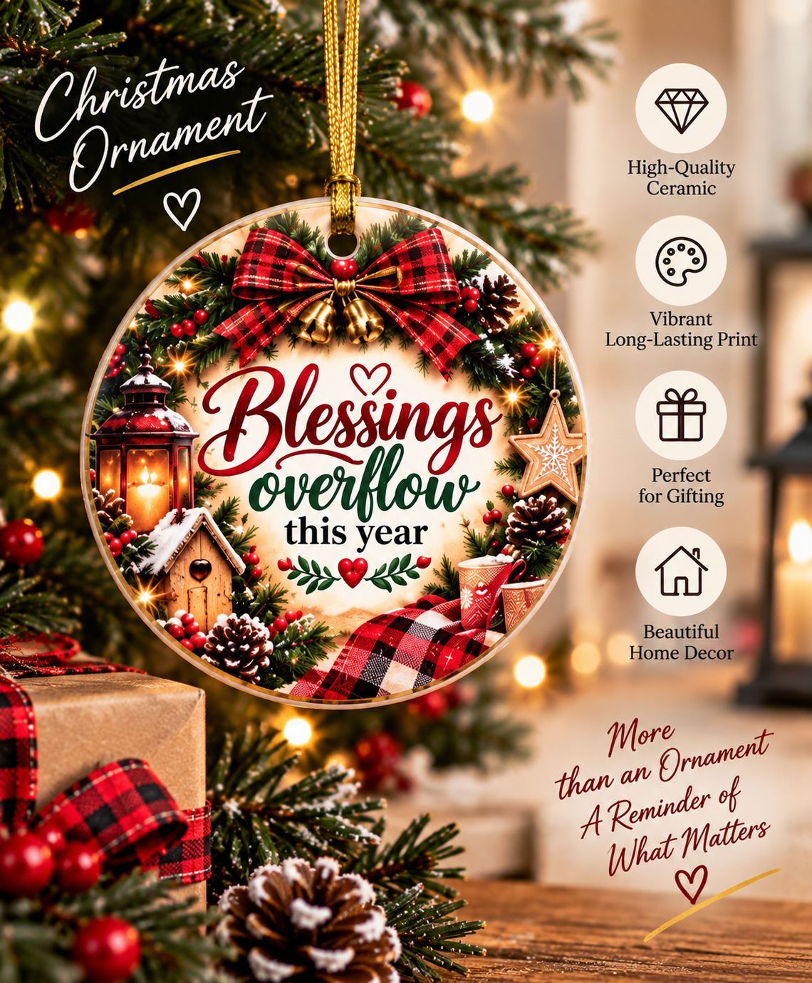 Blessings Overflow This Year Ceramic Christmas Ornament, Rustic Holiday Decor