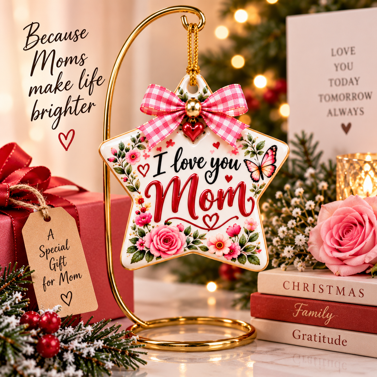 I Love You Mom Ceramic Star Ornament, Floral Keepsake Gift