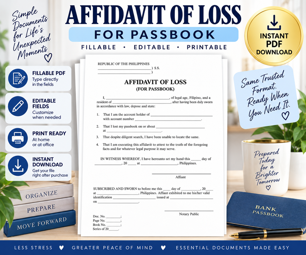 Affidavit of Loss Templates Bundle, Passport ID, Passbook & Lot Title, Fillable PDF
