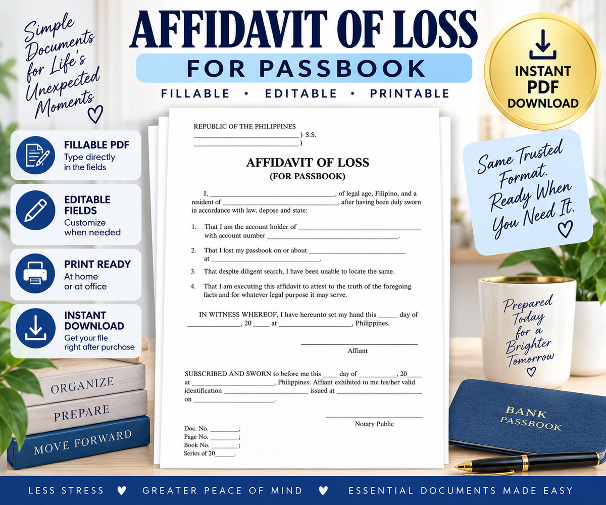 Affidavit of Loss Templates Bundle, Passport ID, Passbook & Lot Title, Fillable PDF