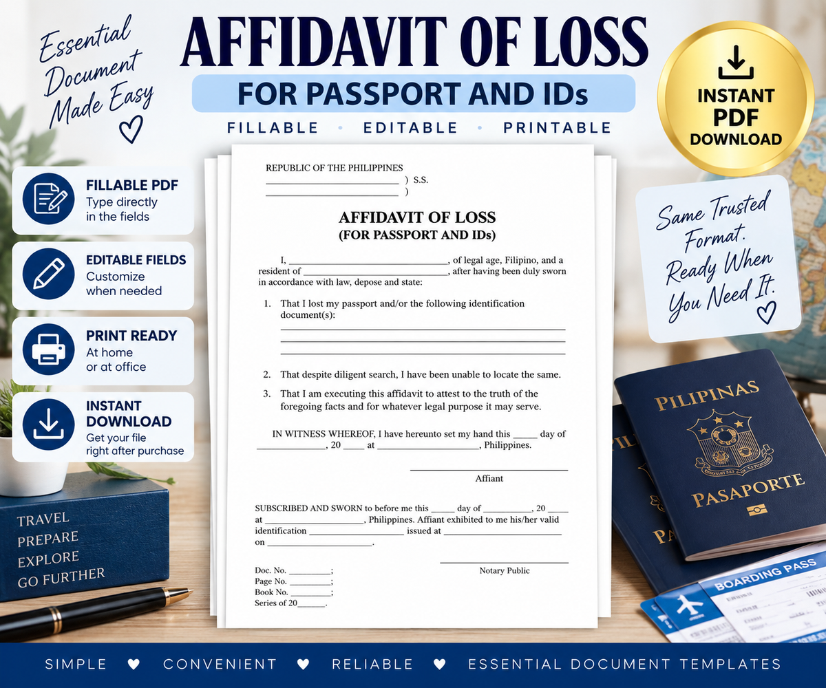 Affidavit of Loss Templates Bundle, Passport ID, Passbook & Lot Title, Fillable PDF