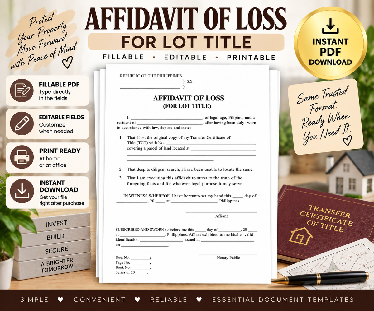 Affidavit of Loss Templates Bundle, Passport ID, Passbook & Lot Title, Fillable PDF