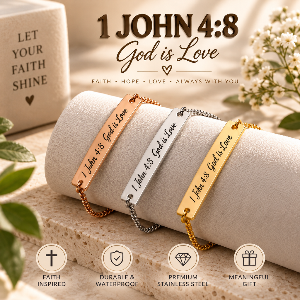 Faith Based Engraved Bracelet, 1 John 4:8, Stainless Steel, Adjustable Christian Gift, Waterproof
