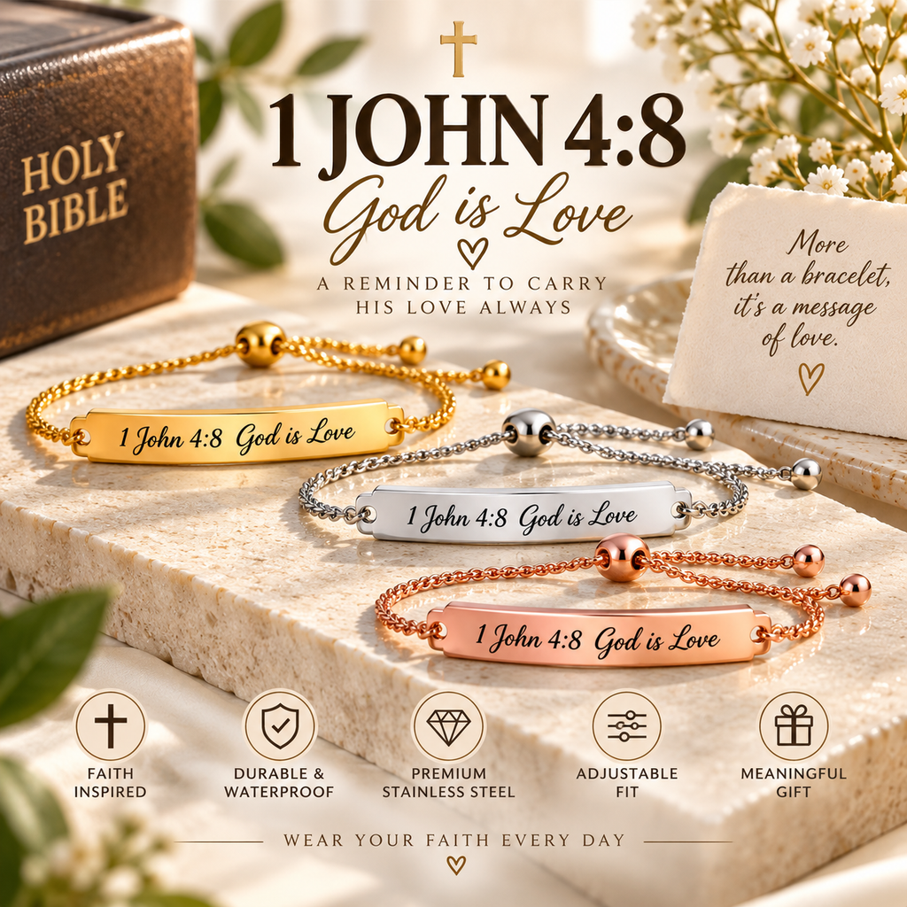 Faith Based Engraved Bracelet, 1 John 4:8, Stainless Steel, Adjustable Christian Gift, Waterproof