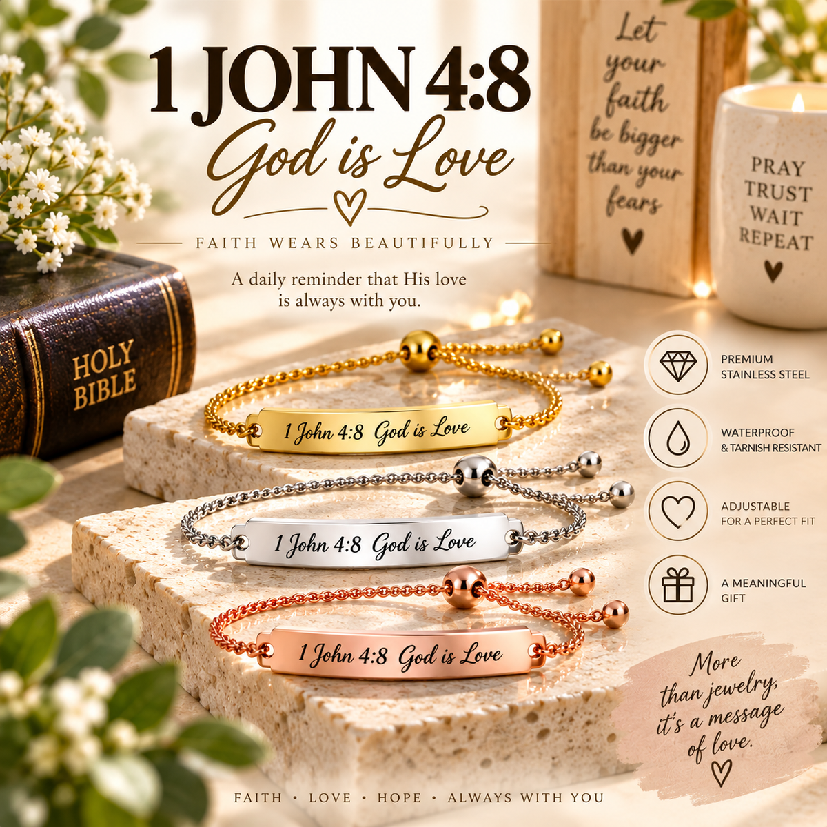 Faith Based Engraved Bracelet, 1 John 4:8, Stainless Steel, Adjustable Christian Gift, Waterproof