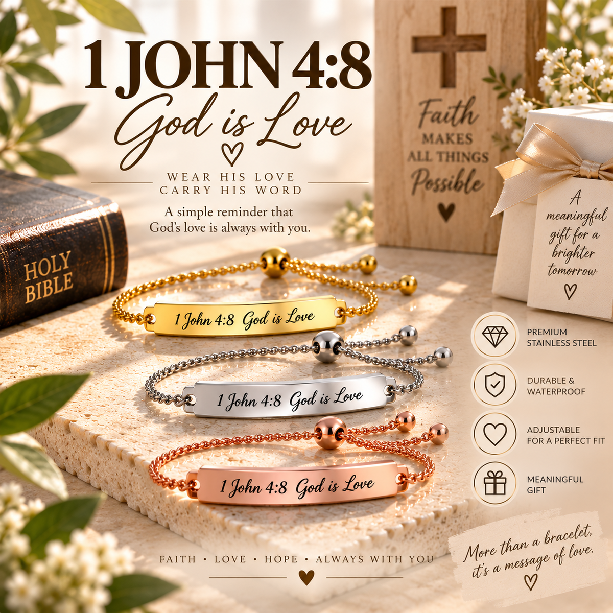 Faith Based Engraved Bracelet, 1 John 4:8, Stainless Steel, Adjustable Christian Gift, Waterproof