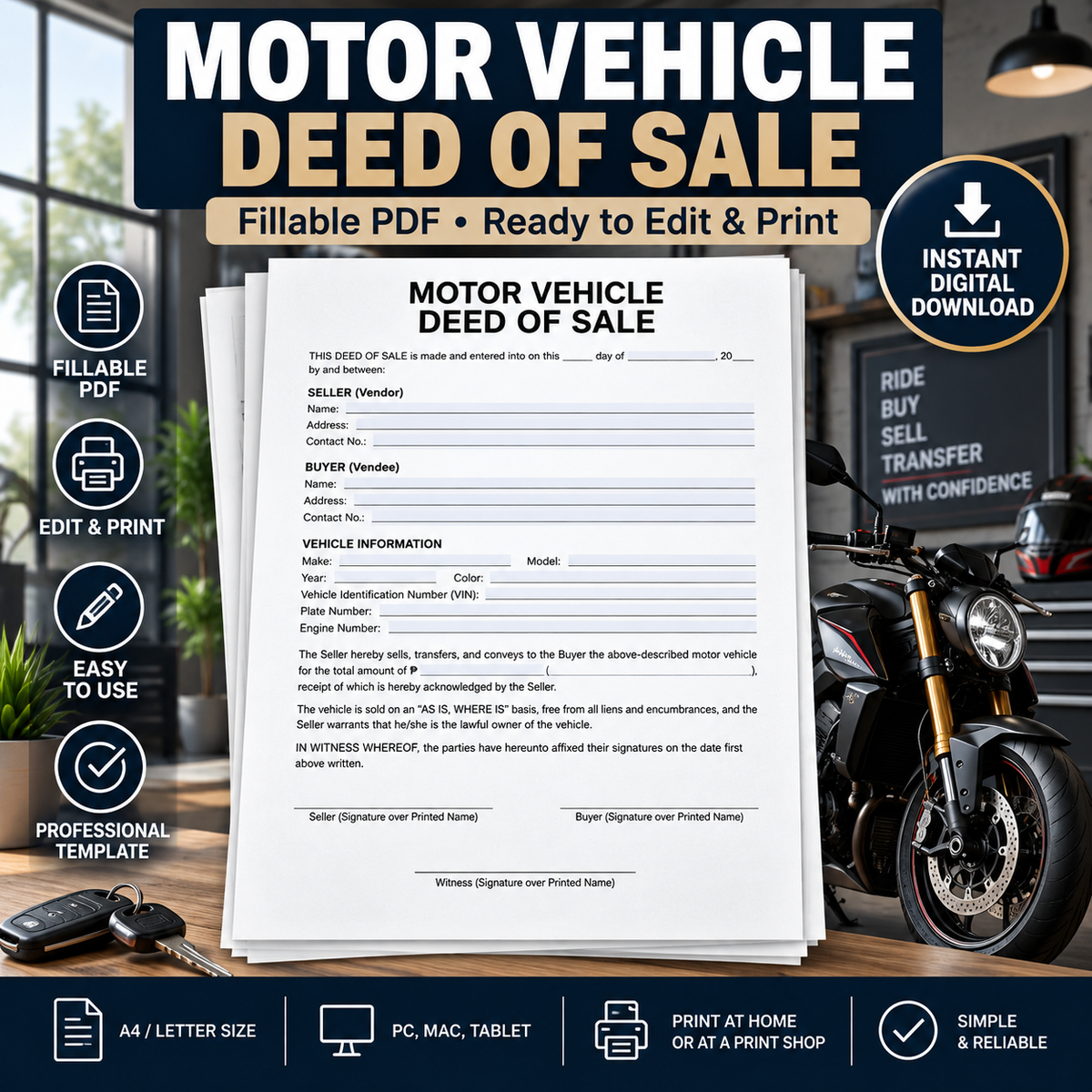 Motor Vehicle Deed of Ownership Template (Fillable PDF)