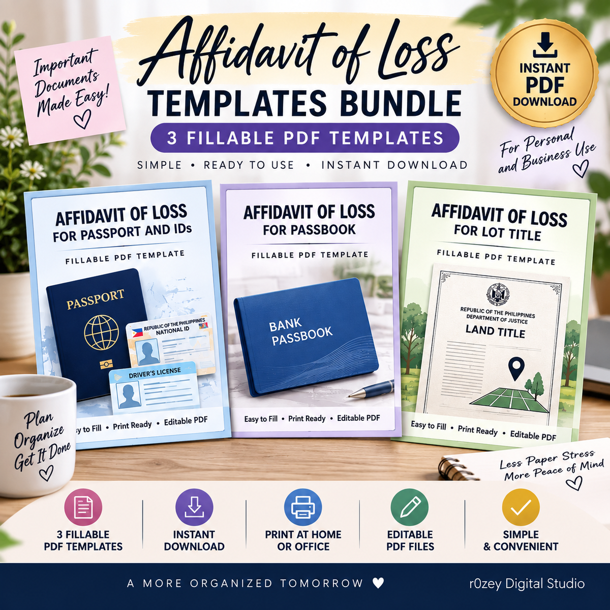 Affidavit of Loss Templates Bundle, Passport ID, Passbook & Lot Title, Fillable PDF