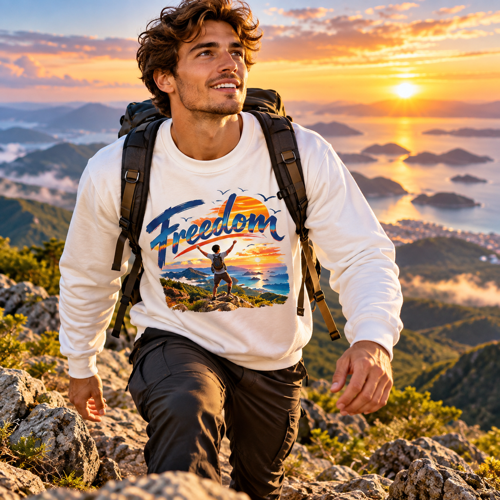 Freedom Sweatshirt, Adventure Graphic Crewneck, Mountain Sunset Pullover, Travel Gift, Inspirational Unisex Sweatshirt