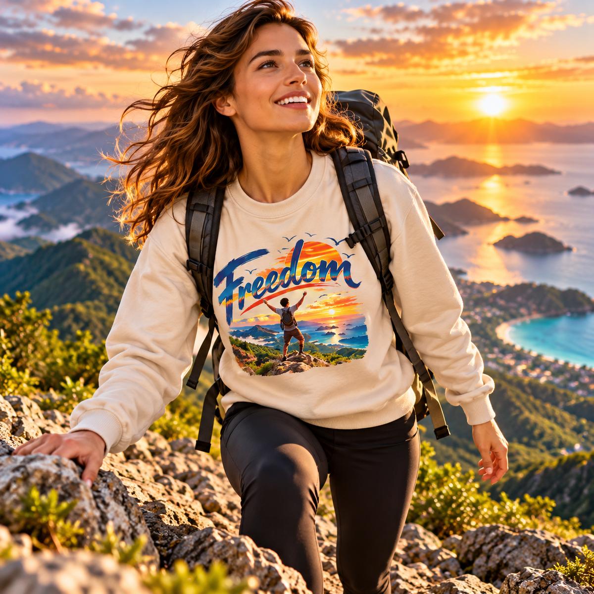 Freedom Sweatshirt, Adventure Graphic Crewneck, Mountain Sunset Pullover, Travel Gift, Inspirational Unisex Sweatshirt