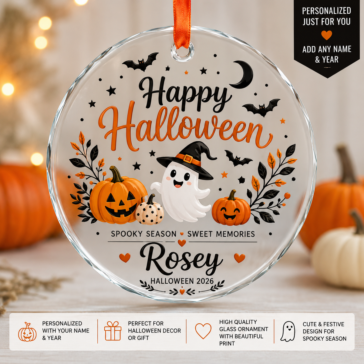 Personalized Halloween Glass Ornament | Ghost with Custom Name