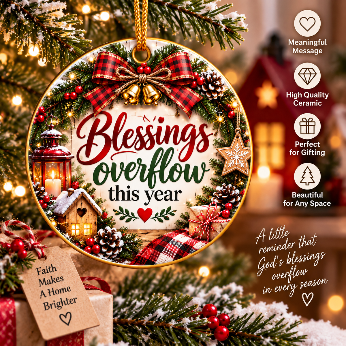 Blessings Overflow This Year Ceramic Christmas Ornament, Rustic Holiday Decor
