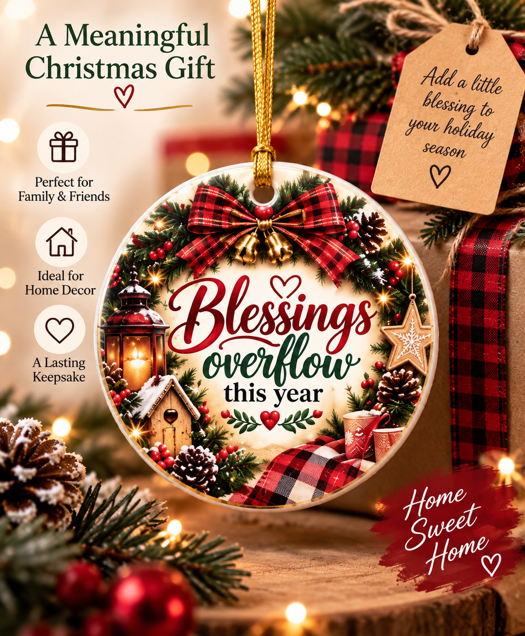 Blessings Overflow This Year Ceramic Christmas Ornament, Rustic Holiday Decor
