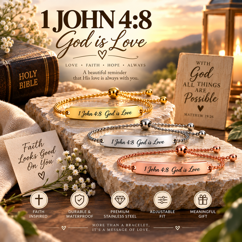 Faith Based Engraved Bracelet, 1 John 4:8, Stainless Steel, Adjustable Christian Gift, Waterproof