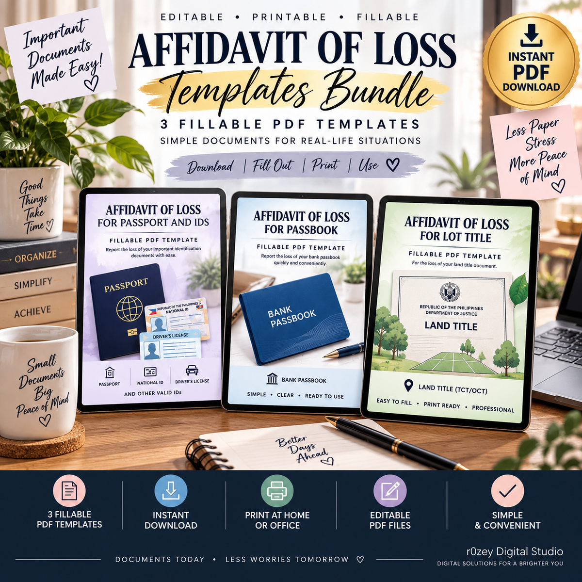 Affidavit of Loss Templates Bundle, Passport ID, Passbook & Lot Title, Fillable PDF