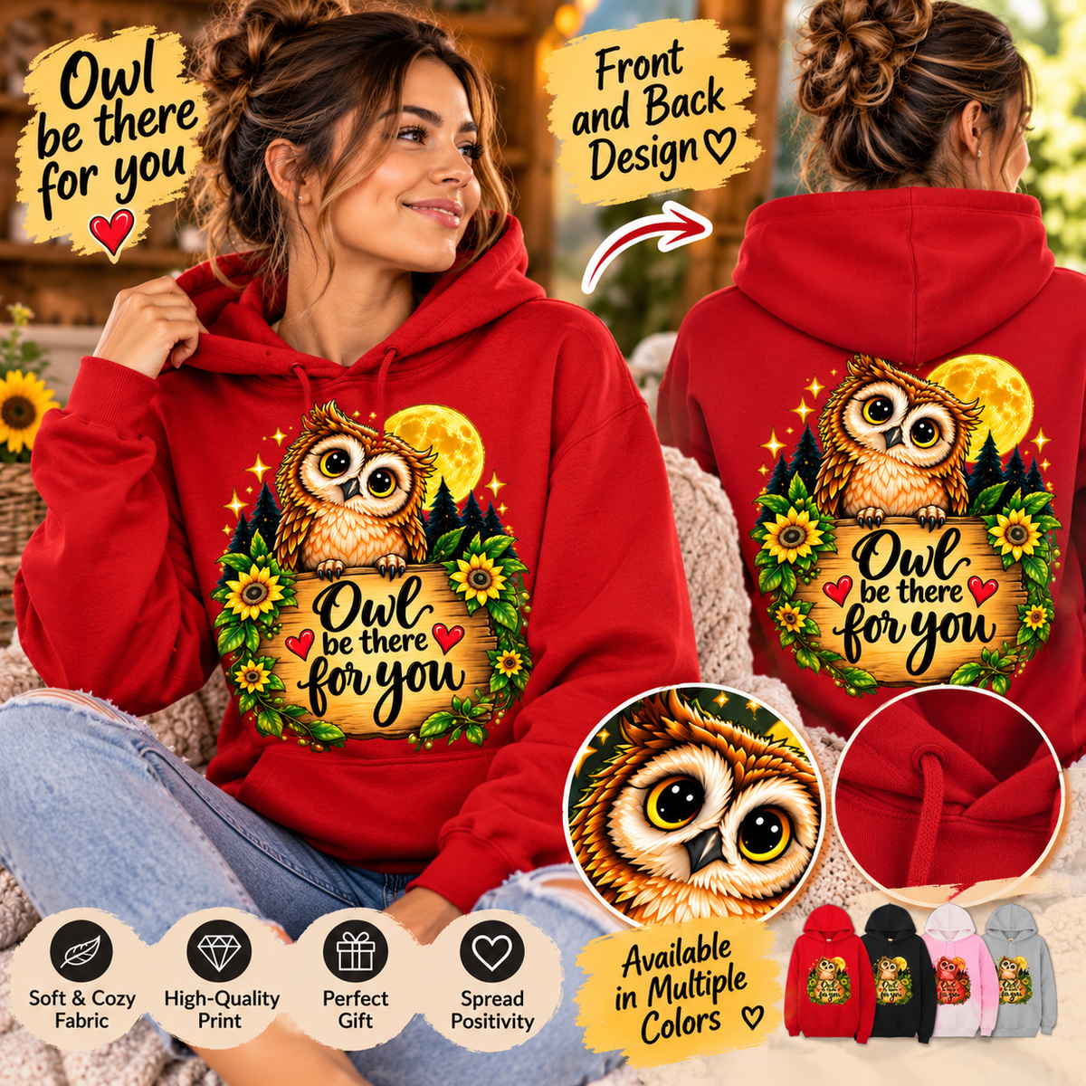 Owl be there for you Sweatshirt | Cute Owl with Sunflowers and Moon