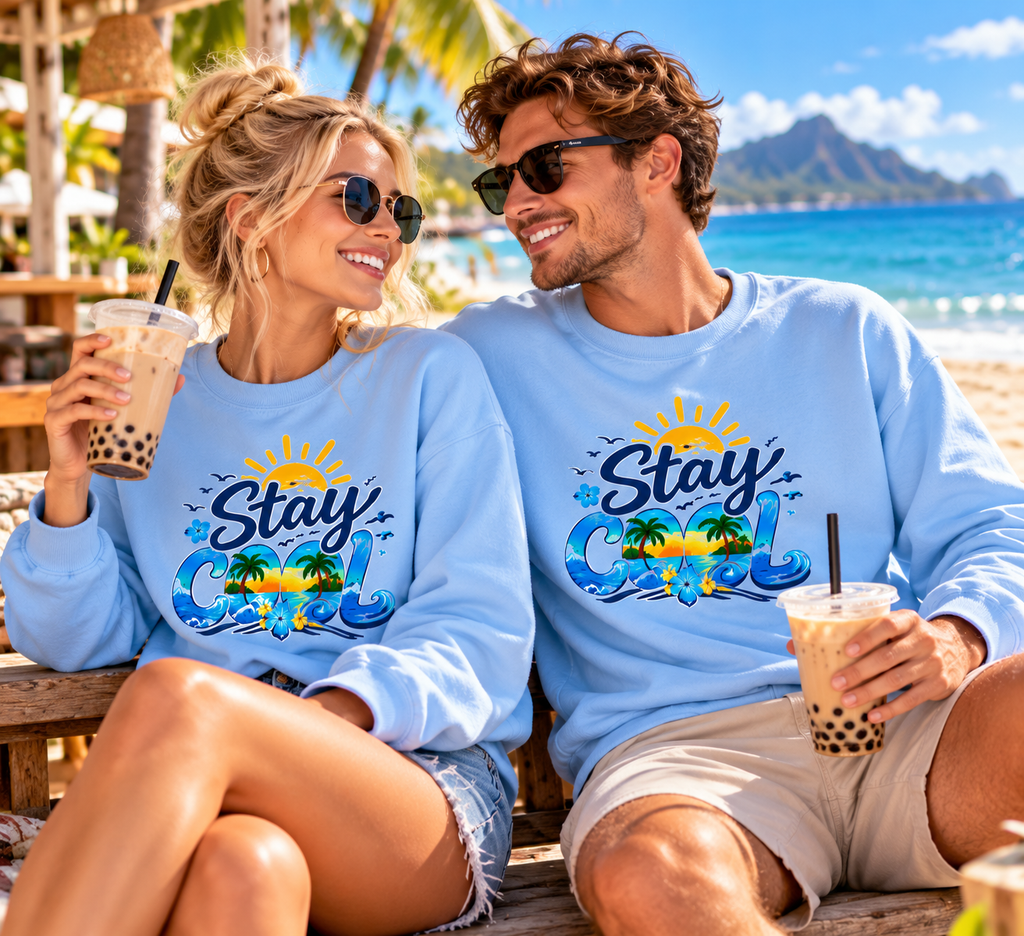 Beach Sweatshirt, Tropical Palm Tree Sunset Crewneck, Summer Vacation Graphic Pullover