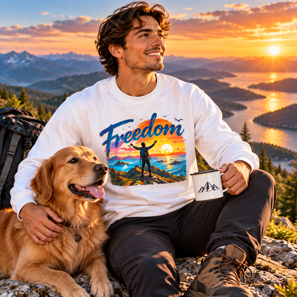 Freedom Sweatshirt, Adventure Graphic Crewneck, Mountain Sunset Pullover, Travel Gift, Inspirational Unisex Sweatshirt