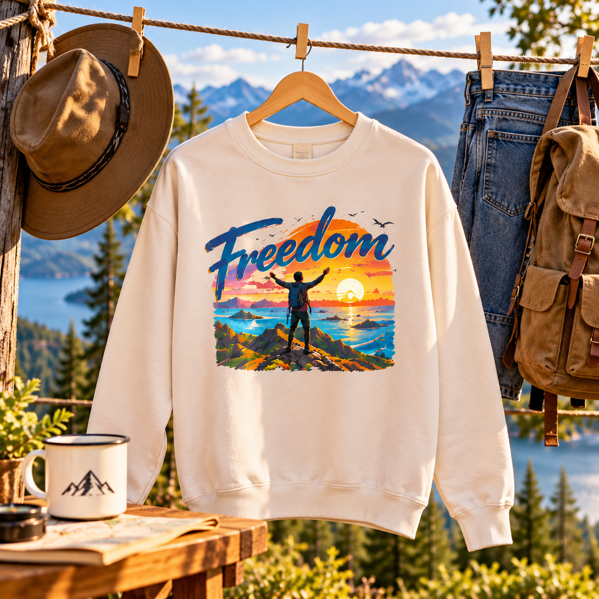 Freedom Sweatshirt, Adventure Graphic Crewneck, Mountain Sunset Pullover, Travel Gift, Inspirational Unisex Sweatshirt