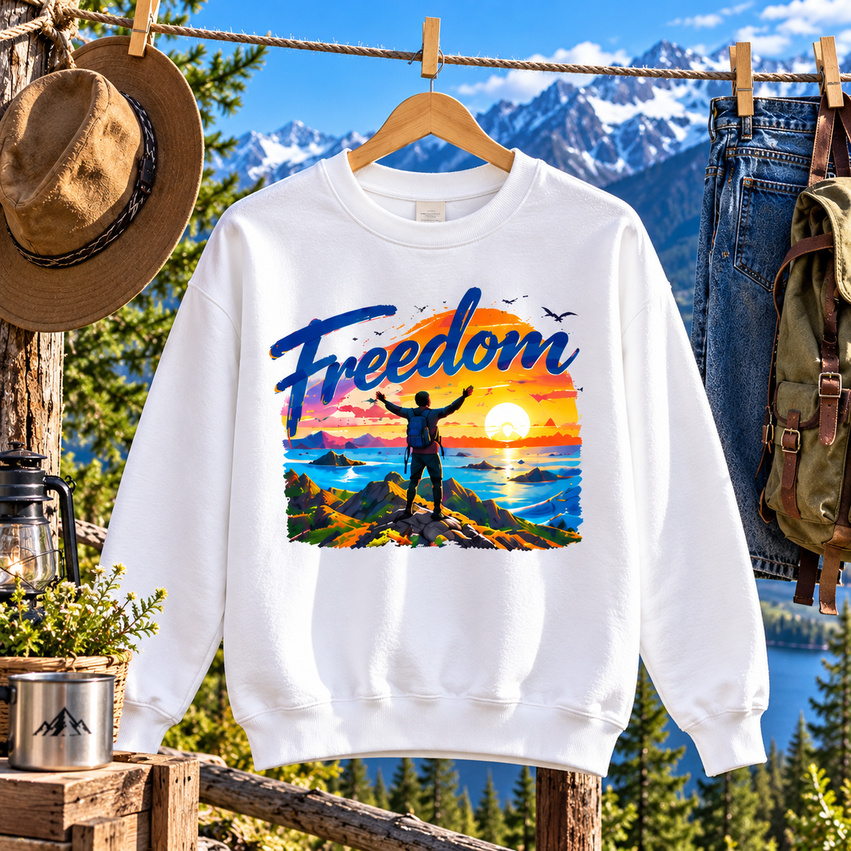 Freedom Sweatshirt, Adventure Graphic Crewneck, Mountain Sunset Pullover, Travel Gift, Inspirational Unisex Sweatshirt