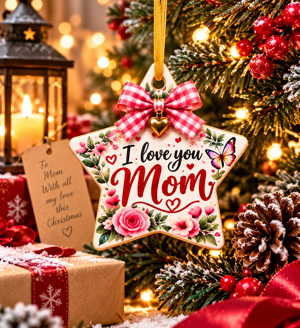 I Love You Mom floral script Christmas Ornament | Ceramic Star Gift for mom decor