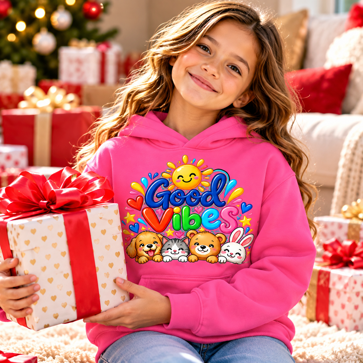 Good Vibes Kids Hoodie, Animal Friends, Rainbow Youth Sweatshirt
