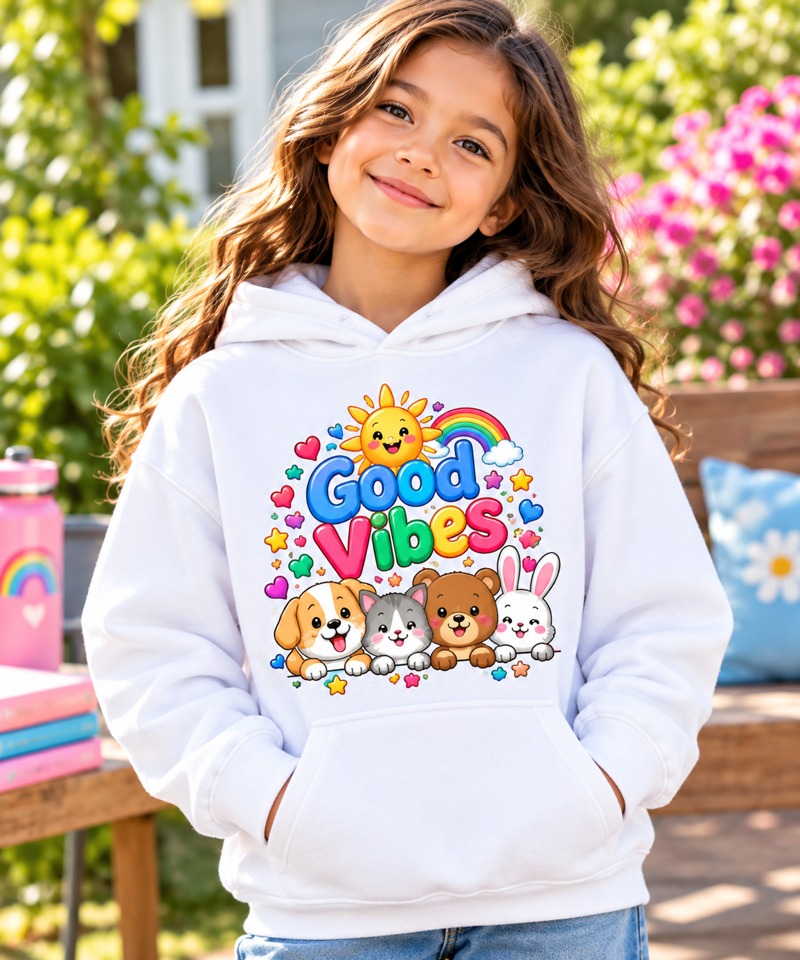 Good Vibes Kids Hoodie, Animal Friends, Rainbow Youth Sweatshirt