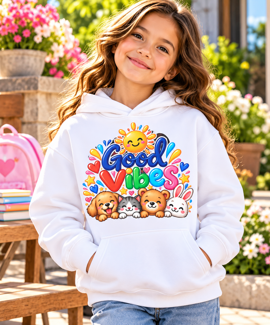 Good Vibes Kids Hoodie, Animal Friends, Rainbow Youth Sweatshirt