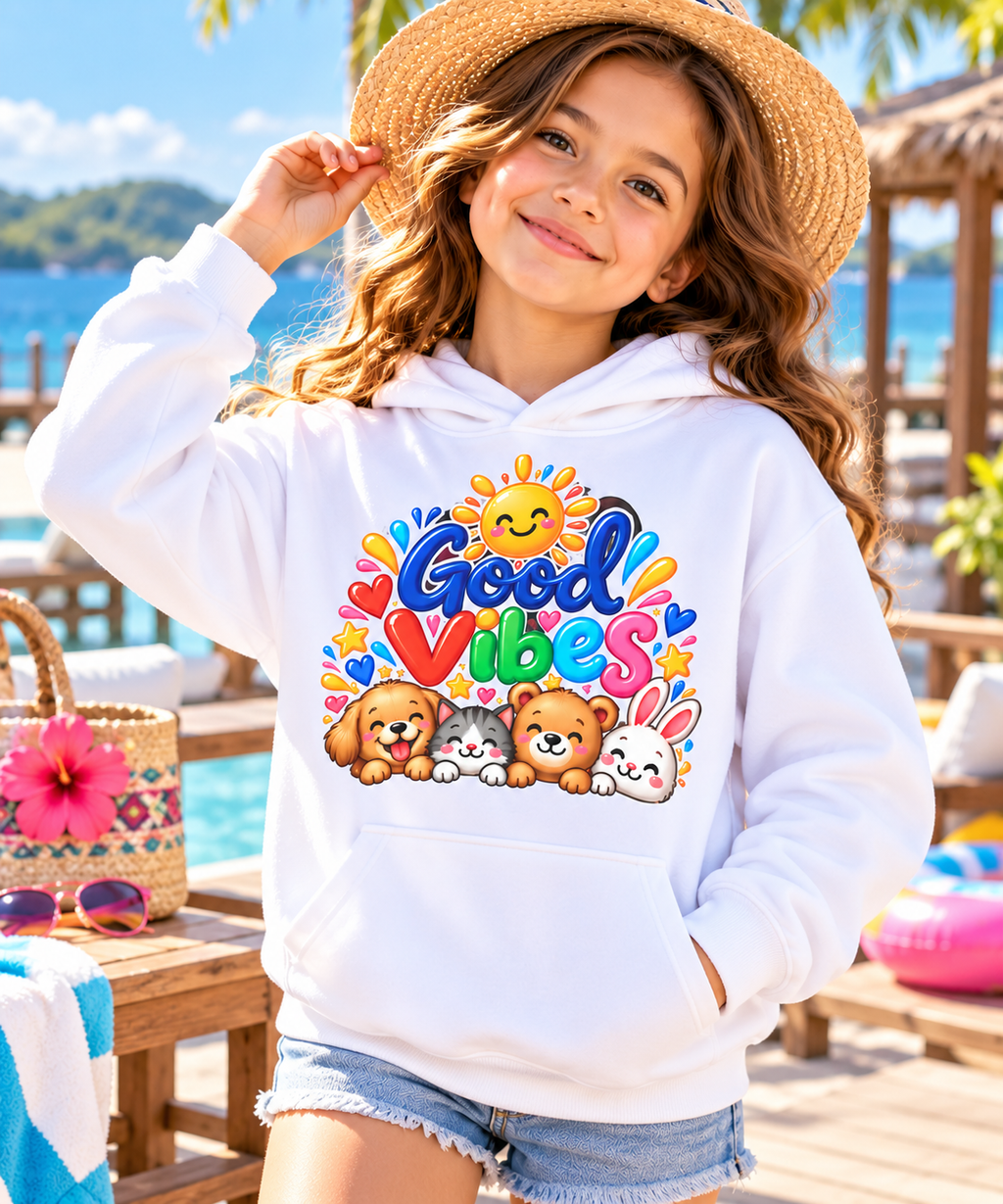 Good Vibes Kids Hoodie, Animal Friends, Rainbow Youth Sweatshirt