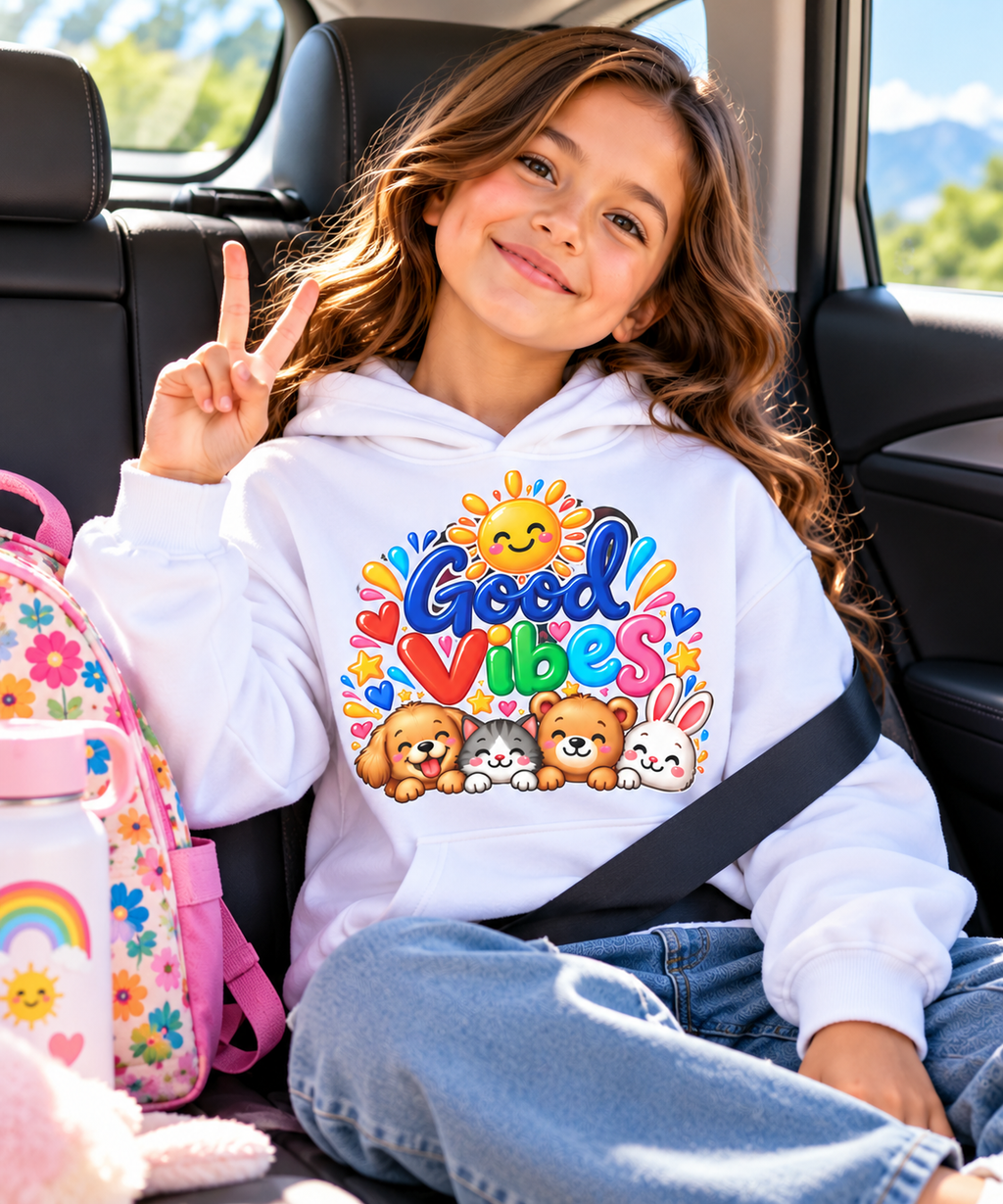 Good Vibes Kids Hoodie, Animal Friends, Rainbow Youth Sweatshirt
