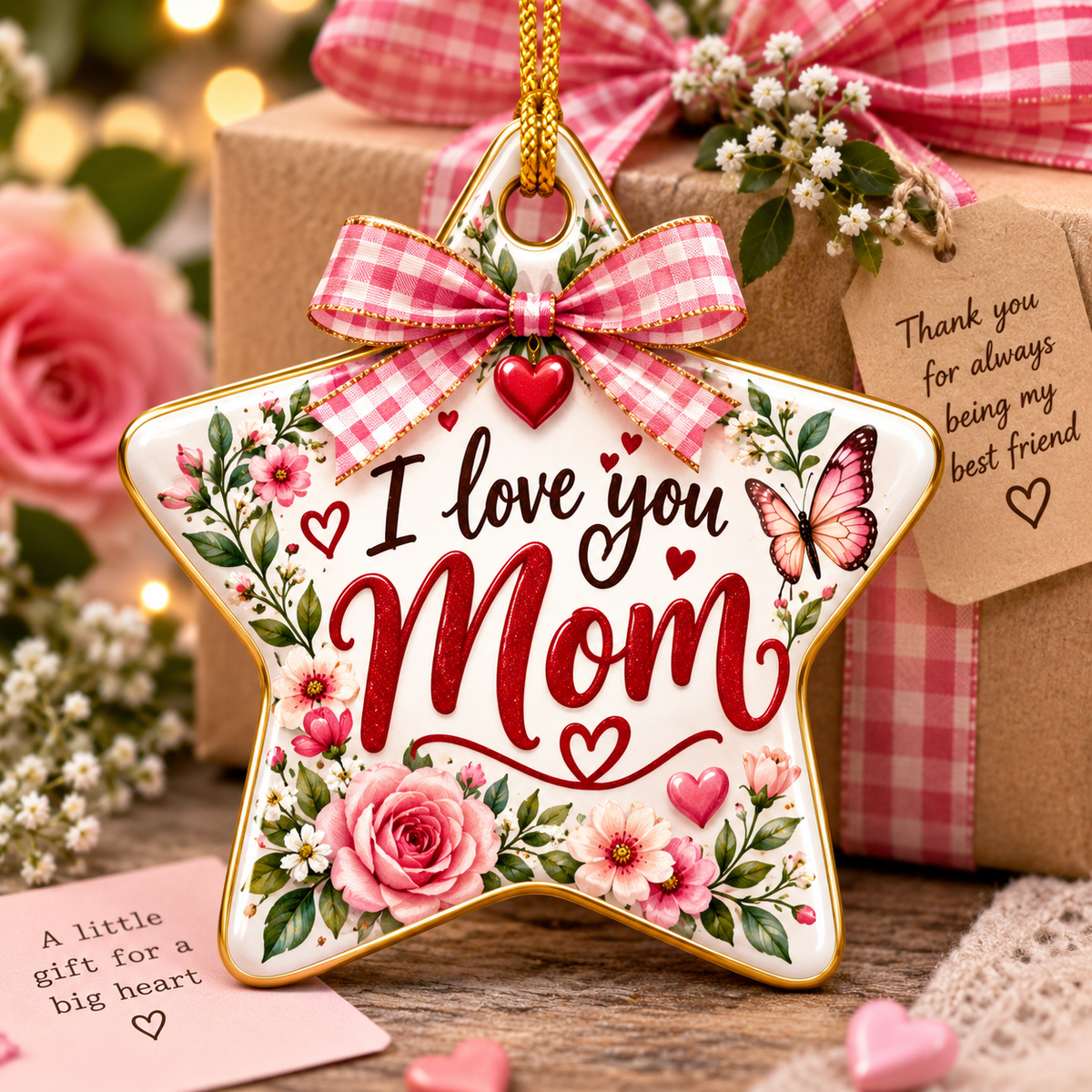 I Love You Mom Ceramic Star Ornament, Floral Keepsake Gift