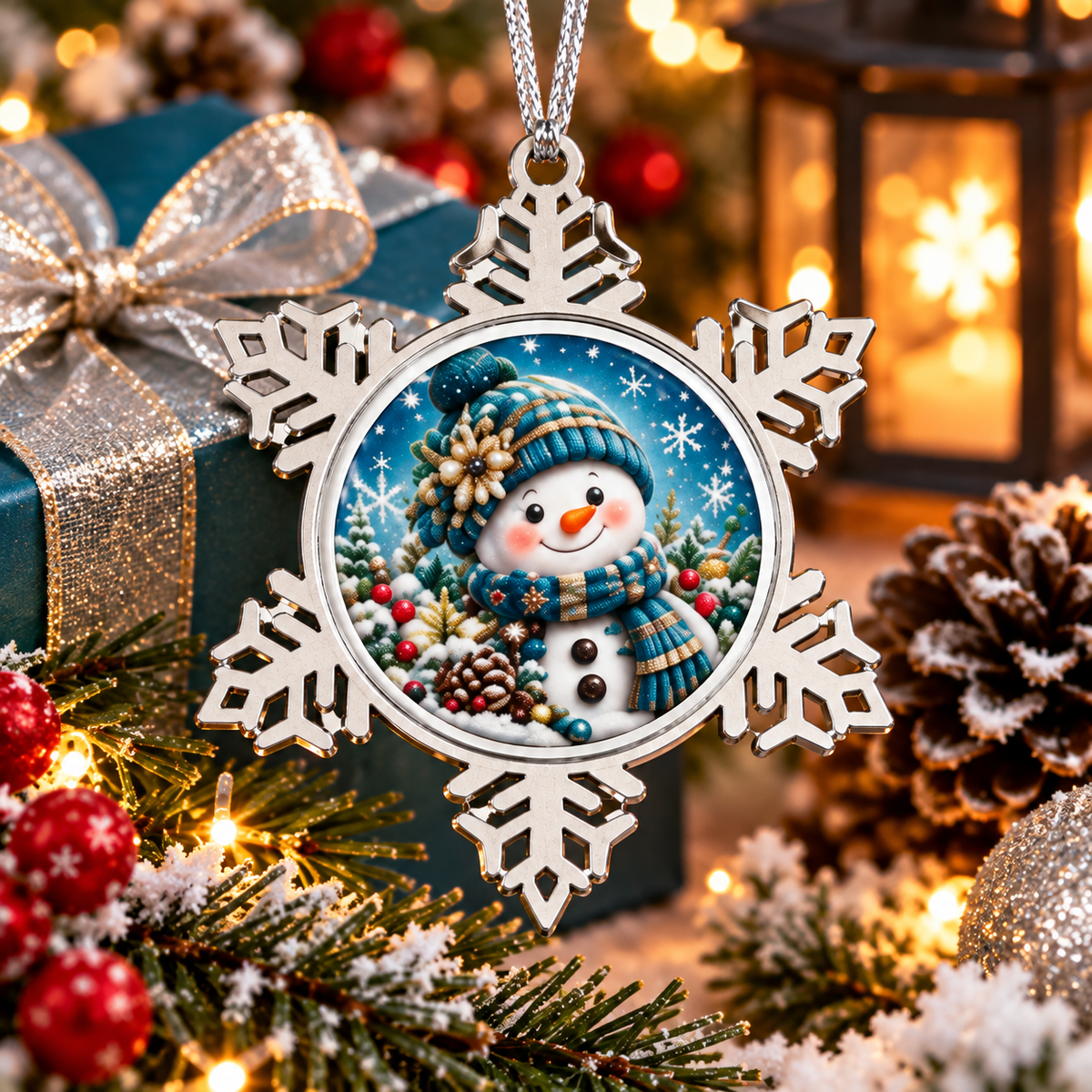 Snowman Pewter Snowflake Ornament | Blue Christmas Decor